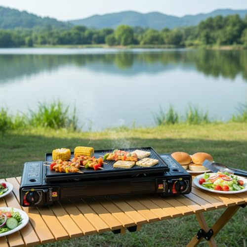 Réchaud à gaz 2 feux avec plaque de cuisson et sac de transport, réchaud à gaz portable pour camping, 2500 W par brûleur 63 x 26 x 12 cm