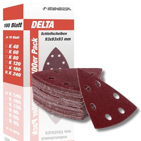 Delta-Schleifdreiecke mit Klett, Korn 240, 100 Stück, 93 x 93 x 93 mm, 6 Löcher, für Deltaschleifer & Multischleifer, Schleifpapier, Staubabsaugung