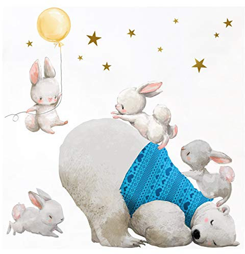 Little Deco Kinderzimmer Wandtattoo Jungen Eisbär und Hasen mit gelben Ballon Babyzimmer Aufkleber Sticker Jungs Wandaufkleber Wandsticker Kinder Bild DL209-9
