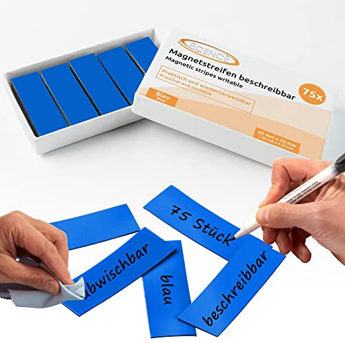 ECENCE Magnetstreifen beschreibbar 75 Stück - 60x20mm - abwischbare Magnetschilder - Magnet-Etiketten zuschneidbar für Whiteboards, Kühlschränke, Magnettafeln - Blau