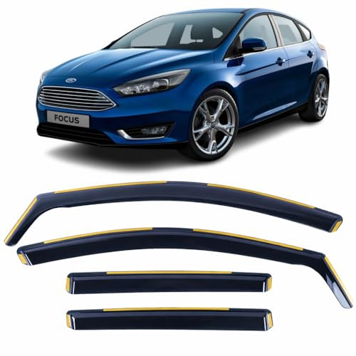 OEMM Set mit 4 Windabweisern für Ford Focus MK3 5-Türer Schrägheck 2011 2012 2013 2014 2015 2016 2017 2018, In-K-Acryl-Seitenfenster-Visiere, rauchgetönter Regenschutz, Reflektoren.