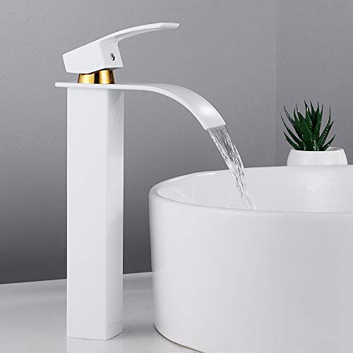 Grifo baño lavabo cascada alto mezclador baño alto cascada con agua caliente y fría de latón (blanco dorado)
