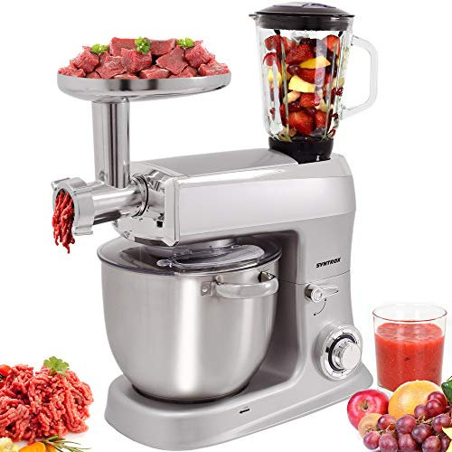 Syntrox Germany Robot de cocina de 1500 W, amasadora con picadora de carne, recipiente de acero inoxidable, 7,5 litros, color plateado