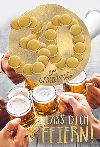 KE - Glückwunschkarte zum 30. Geburtstag für Bierliebhaber, DIN B6 Klappkarte mit Umschlag, Bier Motiv, Goldprägung, Geburtstagskarte für Männer - Motiv: Biergläser - Anstoßen
