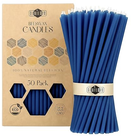 Danilovo Bienenwachs Kerzen 50 Stück (Blau) - Orthodoxe Kerzen für Gebet Rituals Tischdeko - Ungiftig, Ruß - Tropffrei, Lang, Nachhaltige Produkte (Höhe 16 cm)