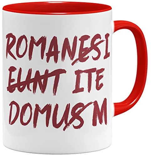 OM3® lustige Latein Kaffee-Tasse mit dem lateinischen Spruch - Romani ite Domum - Zitat - Keramik Becher - 325ml - Beidseitig Bedruckt - Rot