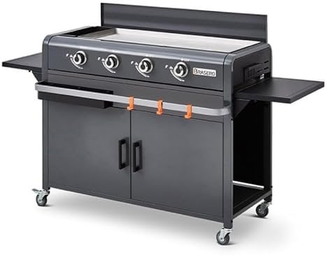 BRASERO - Plancha Lola à gaz sur Chariot équipé Gun Metal - 4 brûleurs à gaz - jusqu'à 14 convives - Surface de Cuisson 88 x 35,5 cm - 9,6 KW - Récupérateur de Graisse