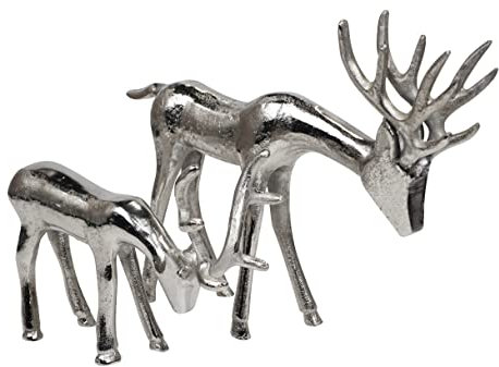 MichaelNoll Hirsch 2er Set - Stehend - Rentier Aluminium Metall Silber - Figur Statue Dekofigur - Deko für Wohnzimmer, Küche, Schlafzimmer - Weihnachten Winter - Hirschgeweih Dekoration