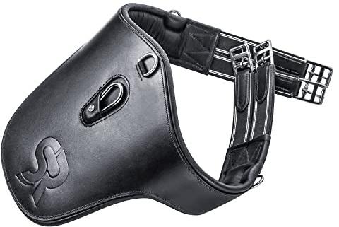 SUNRIDE Stollengurt/Bauchlatzgurt für Pferde (Hickstead) -Echtleder - extra Polsterung - D-Ringe und Karabiner für Hilfszügel - Handgefertigt - elastische Einsätze - Rollschnallen (130 cm, schwarz)