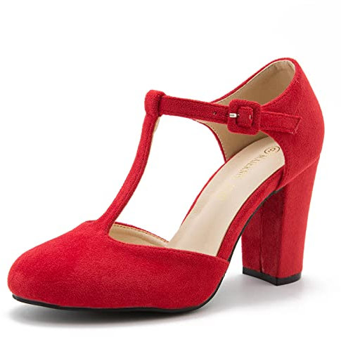 Women's T-Strap Block Chunky Heel Mary Jane Pumps Cut Out Wedding Dress Shoes, Suede Red, 12