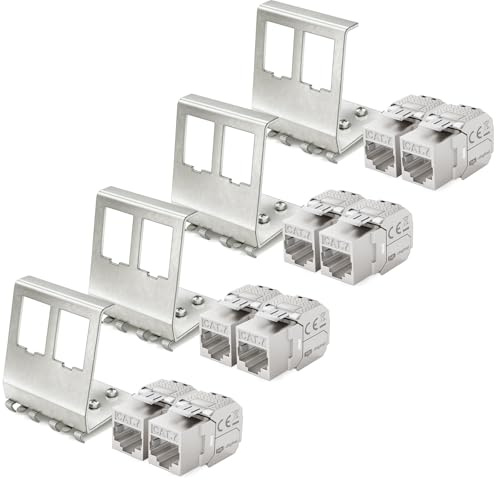 hb-digital Set: 8X CAT.7 Keystone RJ45 Modul + 4X Hutschienenadapter Metall Keystone-Halterung für Hutschiene 35mm Standard | RJ45-Jack geschirmt Edelstahl LSA Montage Ethernet LAN Netzwerk Switch