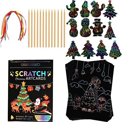 OPUHOHR Weihnachten Kratzbilder Set für Kinder, Weihnachtsbaum Schneemann Regenbogen Kratzbilder, Kratzbilder mit Bändern und Stäbchen für Kinder Weihnachten Geburtstag Party Geschenk