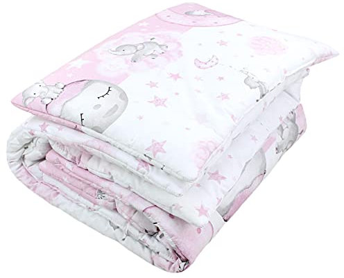 TupTam Kinder Gemusterte Bettdecken Set Ganzjahresdecke Bettdecke Kopfkissen Flachkissen 2tlg., Farbe: Mond mit Elefant/Rosa, Größe: 135x100 cm