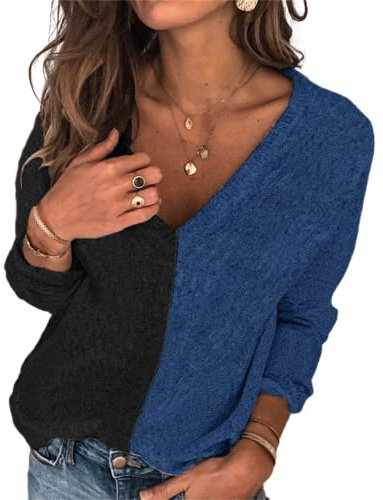 HEYPORK Damen Herbst Winter Warm Bequem Pullover Casual Mode Strickjacke Strickpullover Frauen Pullover Patchwork Rundhals Mode Persönlichkeit Stricken Pullover(Blau, S)