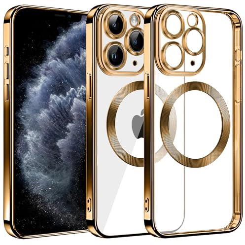 S. Dawezo Klare Magnetische Hülle für iPhone 11 Pro, kompatibel mit MagSafe Kabelloses Laden, Militärnorm Schutz, Kratzfest, Stoßfest, Schlanke Transparente Silikonhülle für iPhone 11 Pro Hülle, Gold