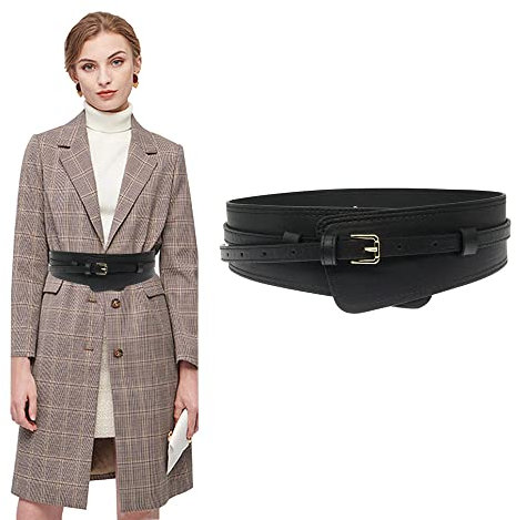 TOEECY Damen Gürtel Breiter Elastischer PU Leder Doppelte Lage Taillengürtel mit Schnalle Vintage Hüftgürtel für Frauen kleider Elastic Belt (Schwarz)