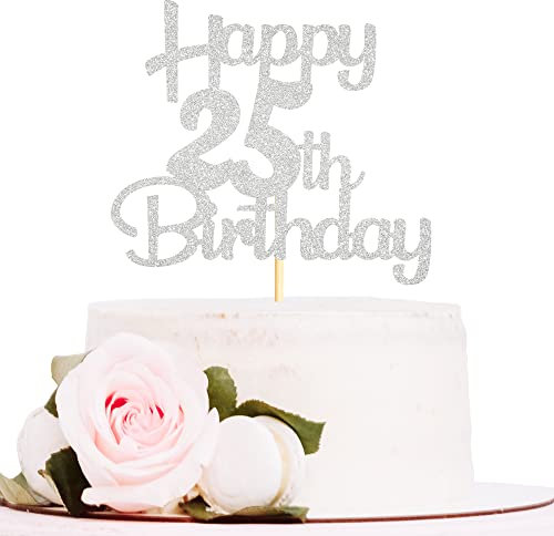 Sotpot Silver Glitter 25 Cake Topper, 25th Birthday Cake Decorations for Birthday Party Anniversary Party Supplies