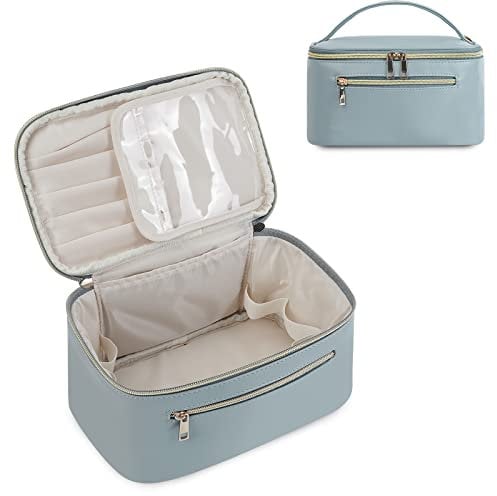 Wandering Nature Kosmetiktasche Damen Schminktasche Groß Reise Make Up Tasche mit Bürstenfach Organizer Kulturbeutel PU-Leder Tragbare Makeup Bag, Gräulich Blau (Patent Angemeldet)