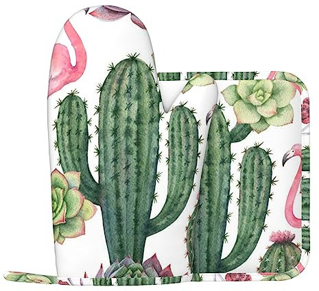 Pink Flamingo Sukkulenten Gedruckt Ofenhandschuhe Und Topflappen Sets Hitzebeständige Rutschfeste Ofenhandschuhe Für Küche Kochen Backen BBQ