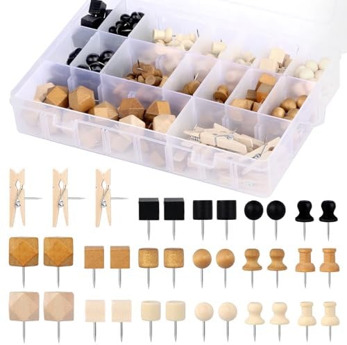 Reißzwecken-Set aus Holz mit Aufbewahrungsbox, 230 Stück Reißzwecken aus Holz, Reißzwecken aus Walnussholz, 3 Farben und 7 Stile für Korktafeln, Karten, Fotos, Bastelarbeiten
