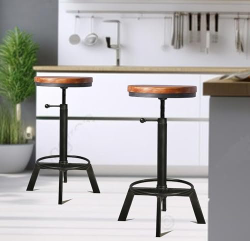 Diwhy Industrial Vintage Bar Stool, Wood Seat Counter Stool, Height Adjustable 23.6-29.5inch Kitchen Dining Breakfast Chair, Metal Stool Set of 2