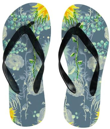 Infradito estive con pianta di girasole ad acquerello, sandali infradito da spiaggia, comodi e leggeri, pantofole piatte per interni ed esterni, Pianta di girasole acquerello, large