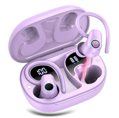 Wireless Earbuds, 2023 Wireless Earphones Bluetooth 5.3 Headphones Wireless, Over Ear Buds Wireless Earbuds with Earhooks, IP7 Waterproof 50H Stereo Wireless Headphones Sport, Dual LED Display,Purple