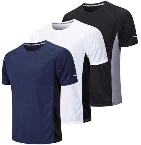Gaiatiger 3 Pack Mens T-Shirts Quick Dry Gym Tops for Men Breathable Sport T Shirts Moisture Wicking Running Training Short Sleeve Tops,20412-Black White Navy-L
