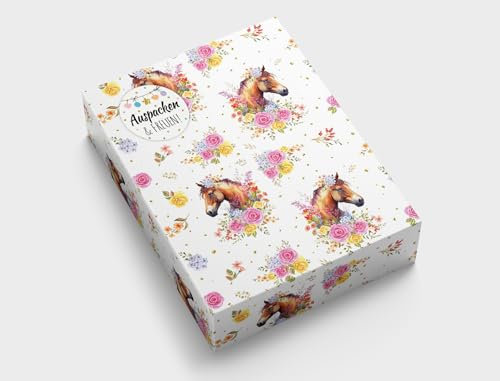 Geschenkpapier für Mädchen Pferd Geschenkverpackung für kleine Geschenke Kindergeburtstag Mitgebsel Gastgeschenke verpacken Kindermotiv (12 Bögen in DIN A3 + 12 Aufkleber + 50 Verschlusspunkte)