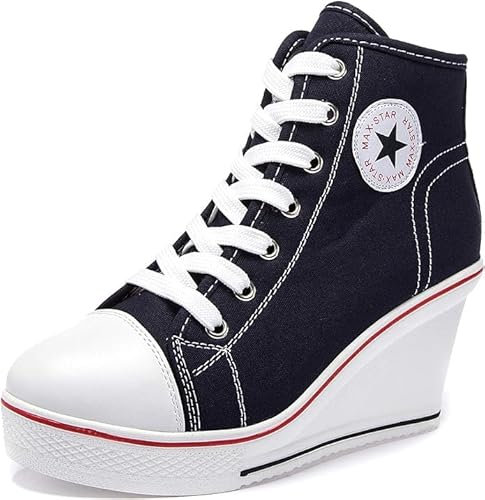 nulala Zapatillas de lona para mujer, con tacón de cuña, zapatillas con altura de tacón, zapatillas de plataforma para correr, para deporte, tiempo libre, azul, 39 EU