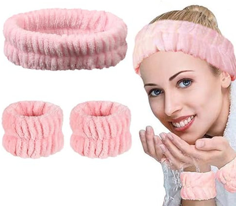 Sugeru®Flanell Elastische Haarband,Spa Stirnband Damen,Weiches Haarband Kosmetik,Rutschfest Breitkrempe Haarreifen Damen,für Dusche Hautpflege Make-up Gesichtsreinigung Mädchen Sport Yoga (Rosa Set)