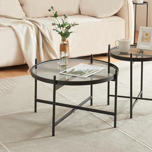 [en.casa] Table Basse Élégante avec Plateau Rond en Verre Trempé de 5 mm Table d'Appoint Design Intemporel pour Salon Chambre Bureau Métal 61 x 40 cm Noir