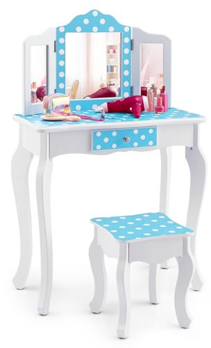 DREAMADE 2 in 1 Schminktisch Kinder mit Hocker und Abnehmbarer Spiegel, Prinzessin Frisiertisch mit Schublade Kosmetiktisch aus Holz, Kinderschminktisch für mädchen (Pünktchenmuster-Blau)