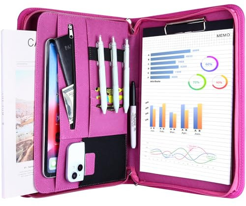 ProCase A4 Schreibmappe PU Kunstleder Konferenzmappe Portfolio mit Reißverschluss Klemmbrett Notizblock Business Dokumentenmappe, leichtes, langlebiges Material- Magenta