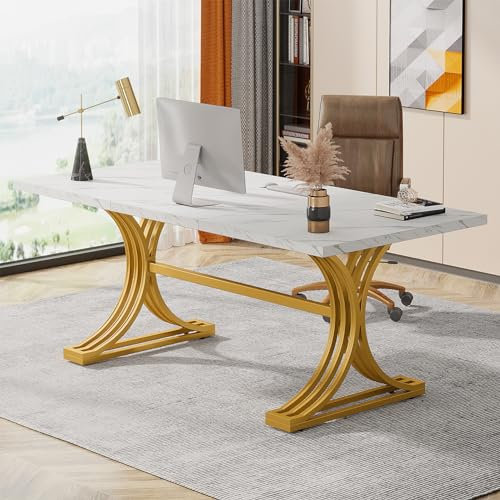 Tribesigns Bureau Table d'ordinateur, 160 x 80 x 75 cm Table de Bureau Moderne PC Table de Travail Table de Salle à Manger avec Pieds dorés pour Bureau à Domicile, Table de conférence, Blanc & Or