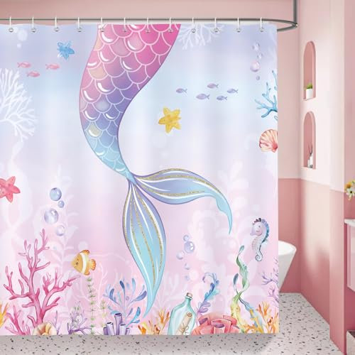 Bonhause Duschvorhang Fischschwanz Rosa Lila Seestern für Mädchen Duschvorhänge 180 x 180 cm Anti-Schimmel Wasserdicht Polyester Stoff Waschbar Bad Vorhäng für Badzimmer mit 12 Haken