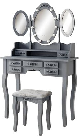 Vicco Schminktisch Diana, Kosmetiktisch mit Spiegel, Grau, 85 cm mit Beleuchtung und Hocker