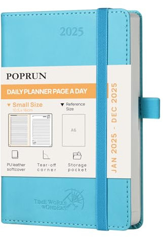 POPRUN Kalender 2025 Tagesplaner Softcover 16 x 10,5 cm, Tageskalender A6 1 Tag 1 Seite (Montag - Sonntag), Terminplaner (Jan.2025-Dez.2025) mit PU-Leder - EU-25-C6LBTA6-BG