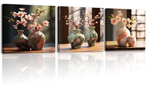 Piy Painting Élégant Tableau sur Toile Fleur de Pêcher, Impression sur Toile Florale, Tableau Decoration Murale, Peinture à l’huile fleurs pour Salon Chambre Salle de yoga 3x 30x30cm, Cadre Intégré