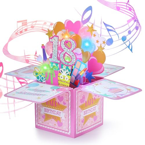 Joyoldelf Geburtstagskarte für Damen, 18 Jahre, Musikkarte, 3D, Pop-Up, Geschenk zum Geburtstag für Mädchen, ideal für Mutter, Freundin, Mutter, Schwester, Freundin, Begleiter, Familienfeier