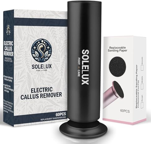 SoleLux Elektrische Fußfeile - Hornhautentferner mit einstellbarer Geschwindigkeit, 60 Schleifpads und professionellem Peeling für abgestorbene Haut für harte, rissige, trockene Füße - Pediküre Spa