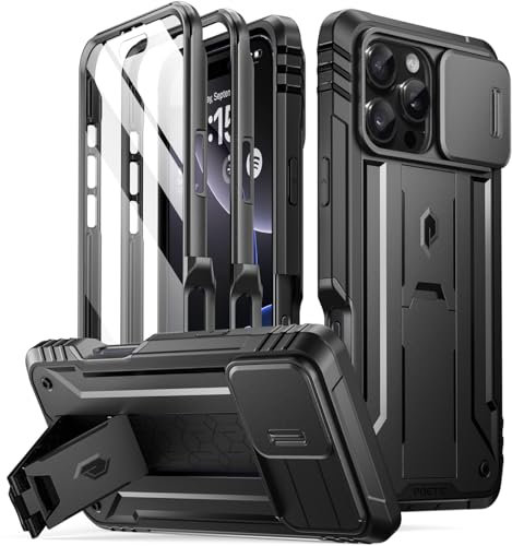 Poetic Revolution Case for iPhone 16 Pro 6.3 inch, [Slide Camera Cover], Full-Body Military Grade Rugged Shockproof Cover with Kickstand and Built-in-Screen Protector, Black