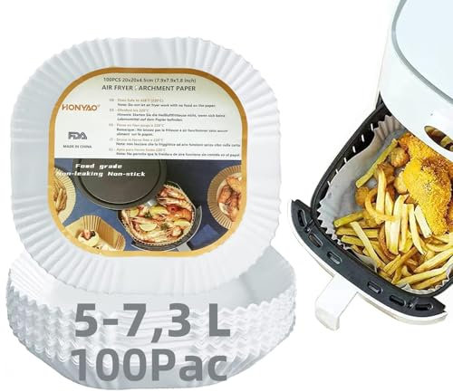 HONYAO Papel para Freidora de Aire XXL 5-7,3 L, 100 Piezas 20x20 cm Quadrat Papel de Horno Desechable Antiadherente Compatible con Russell Hobbs Ninja COSORI Philips AirFryer