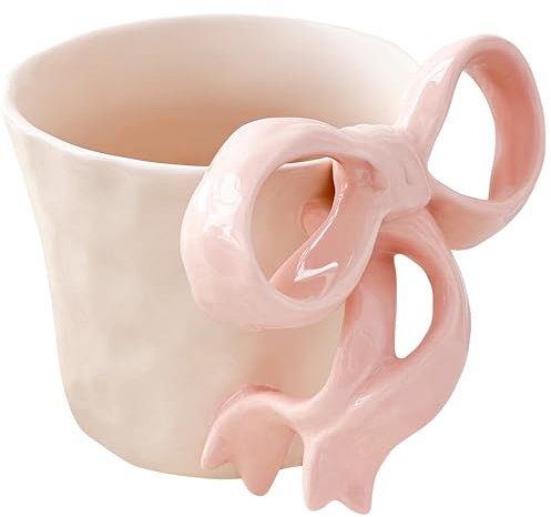 Taza de café de cerámica con asa de lazo rosa, bonita taza femenina para mujer, 440 ml, taza grande Kawaii hecha a mano para café con leche, té, leche, cacao, bonitos regalos de cumpleaños para