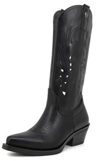 QUEEN HELENA Camperos Stivali con Tacco Western Traforati Stivaletti Texani a Punta Cowboy Donna X28-103 Nero 39