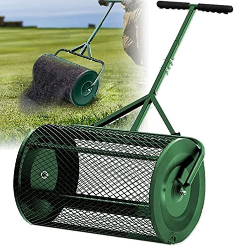 QLSABIA Épandeur de Compost, épandeur de Mousse de Tourbe, Rouleau à Gazon Durable de 24,5 Pouces avec Longue poignée réglable, léger et Durable, pour Compost de Surface, Terre, paillis, Engrais, Sol