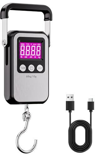Yabdbg Bilancia per Pesci,132lb/60kg Inossidabile Bilancia per Bagagli,Bilancia Digitale Pesa con Display LCD e Funzione Tara,Bilancia Sospesa per Acquisti,Espresso,Viaggio,Pesca,USB-C Ricaricabile