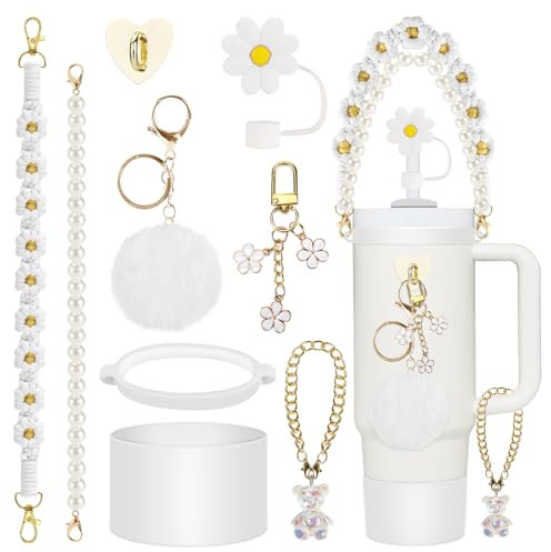Zikenis 9 Piezas de Accesorios Stanley Cup,Incluye Correa de asa para Botella de Agua, Cubierta para popote Stanley,Funda de Silicona,para Stanley 40/30 Oz Vaso Accesorios,No Incluye Tazas (Blanco)