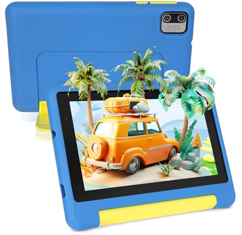 Hakaug Kids Tablet, 7 inch Tablet for Kids 3-7 Ages 8GB RAM +64GB ROM, Android 13, Parental Controls, Wi-Fi, Bluetooth, Type-C, Impact Resistant Case - Blue
