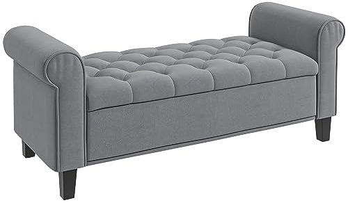 HOMCOM Banc de Rangement Bout de lit avec accoudoirs, Coffre de Rangement en Tissu Velours rembourré et capitonné, Charge jusqu'à 120 kg, pour Salon, Chambre, entrée, 126 x 48,5 x 57 cm, Gris